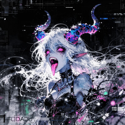 high quality, ultra detailed, colorful, abstract, fantasy, aidmaMJ6.1, bo-abyss, a digital drawing in an anime style, featuring a fantastical, otherworldly creature with a blend of fantasy and horror elements, the subject is a female character with pale blue skin and long, flowing white hair that cascades down her shoulders, her eyes are a striking, glowing pink, and her mouth is open wide, revealing sharp, pointed teeth, with a long, dripping pink tongue, she has large, pointed ears and a pair of prominent, curved, blue and pink horns protruding from her head, the horns are adorned with intricate, glowing patterns in shades of blue, purple, and pink, adding a surreal and otherworldly quality to her appearance, she wears a black choker around her neck and a black, sleeveless top that appears to be made of a shiny, metallic material, the background is a solid black, which contrasts sharply with her vibrant colors, making her stand out vividly, the overall composition is dynamic, with the character's expression and the flowing, ethereal quality of her hair and the glowing effects adding to her otherworldly appearance, partially blended with abstract digital elements. The scene has a dark, moody ambiance. The background features layers of glitch art, fragmented texts, and metallic textures. contrasting against the monochromatic tones of black, grey, and hints of green. Smudged paint and scratches add a sense of decay and technology.