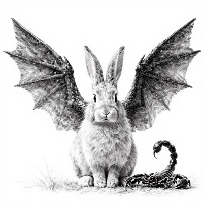 minimalistic, simple, rabbit, hare, majestic, epic, dragon wings, fluffy fur, scorpion tail, , (masterpiece:1.2), very awa, best quality, detailed, amazing quality, very aesthetic, 8k, high quality, highres, absurdres, , addmicrodetails, hyperdetailed, , Luminescent Impasto, ArsMJStyle, Colored pencil hyperdetailed realism