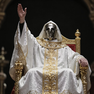 1boy, solo, male focus, robe, , veil, , long sleeves, hood, , hand up, arm up, jewelry, facing viewer, hood up, , , wide sleeves, , white robe, black background, white gloves, gold trim, metal full face mask, cleric robe, catholic, throne, sitting on throne, gold designs, embroidery, face covered, masterwork, masterpiece, best quality, , dynamic pose, , dynamic angle, , , (realistic:1.2), (lineless:1.2), detailed, , , aged up, adult, depth of field, , blurry, cheekbones, dynamic lighting