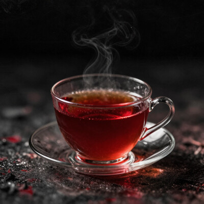 Elegance and darkness. The image features a cup of tea, which is the focal point, artfully positioned at the center of the composition. The tea is rendered in vivid red tones, reflecting the rich color palette of the Dutch Golden Age painting style. The background is dark, desaturated, and filtered with a grunge texture to evoke a sense of nostalgia and decay. The desaturation creates a contrasting effect with the bright tea, emphasizing its presence. The lighting is set to a hard light, creating strong shadows and highlights that add depth to the image. The overall style of the image is inspired by the work of American pop artist Roy Lichtenstein, known for his use of bold colors, and distorted imagery. light beam, , , .safetensors:, 1.0, >