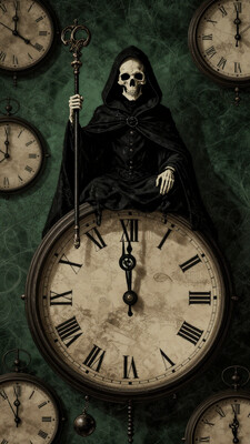 The figure of Death is dressed in a black traditional uniform hooded cloak and holds a large staff. She sits on a large clock similar to the dial of an antique wall clock, which shows 12 o'clock. There are many other clocks around. The figure of Death is depicted in a dark and sinister way, creating an atmosphere of mystery and the inevitability of time. The clock is suspended vertically, and the pendulum swings downward, creating a sense of movement and the passage of time. The overall style of the image is simplicity and contrast, using an emerald-ochre palette to emphasize the drama of the scene.