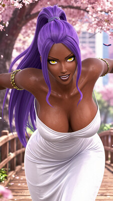 long hair, black pupils, purple hair, ponytail, dark skin, dark-skinned female, high ponytail, yellow eyes, high ponytail, high definition, detailed eyes, TiteKuboStyle, TiteKuboAnimeStyle, BleachTybwStyle, vslinxbleachtybw OUTFIT: white dress, highly detailed, highres, high quality, best quality, volumetric lighting, UHD, skin texture, skin detail, high quality skin, highly detailed, bracelets, busty breasts. BEHAVIOR: seductive pose, gold armlet, mature female, dutch angle, beautiful face, serious, arms open, bent forward, portrait, medium breasts, , happy, open mouth, teeth. BACKGROUND: cheery tree, city, wooden bridge, pink flowers, gardens, birds.