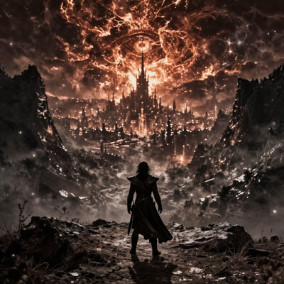 First-person view standing atop a rocky hill, looking towards the distant evil city of Mordor. A jagged mountain range frames the scene, with a dark, sprawling city at the center. The Eye of Sauron looms large above the city, radiating an intense, fiery glow that contrasts with the desolate, smoky atmosphere. The foreground has barren, cracked earth and sparse vegetation, while the sky is filled with swirling dark clouds. (vivid style, cinematic), , klordoftherings