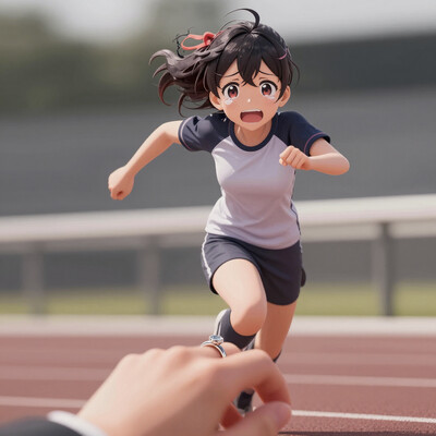 masterpiece, best quality, amazing quality, , 1girl, solo, umamusume, racetrack, running, ummsmingame, 3d, air groove \(umamusume\), two-tone shirt, crying in happines, happy, marriage proposal, wedding ring, pov hands, showing wedding ring, looking at viewer