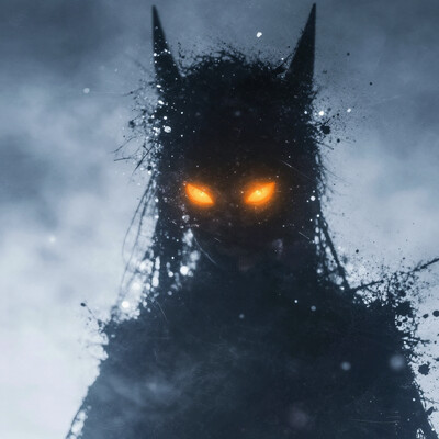 a dark abstract figure with glowing orange eyes set against a misty foggy background. The figure has tall pointed black hair-like structures extending from its head with splatters and smudges around the edges giving a sense of movement and energy. The eyes are bright and intense contrasting sharply with the dark shadowy body. The background is a gradient of light blue to white with subtle light reflections and small glowing particles. The overall atmosphere is mysterious and eerie with a focus on the glowing eyes and the dark silhouette of the figure. Light source is from the front highlighting the eyes and creating a shadowy effect around the figure's face and body. Textures are rough and splattered adding to the chaotic and otherworldly feel. Perspective is slightly tilted adding a sense or disorientation.