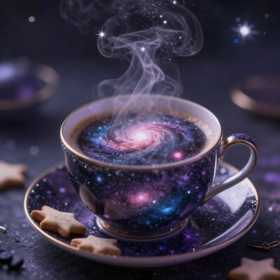 enchanting scene, a steaming cup of coffee, the liquid within the cup forms a swirling cosmic galaxy, The coffee surface is a mesmerizing mix of deep purples and blues and pinks dotted with stars and nebulae, fit the vastness of space inside the cup, The cup rests on a saucer that reflects the celestial patterns, surrounded by tiny star-shaped cookies and cosmic-themed decorations, The atmosphere is magical and dreamy