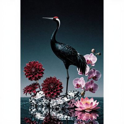A surrealist art poster presents a solitary black crane perched on silver rocks. The background is a dark teal gradient shifting to jet black. Around the crane bloom deep red dahlias, clusters of pink orchids, and a glowing lotus. Each element glistens with a metallic edge. Reflections ripple in a glassy surface below., bfoadh, , grainy film texture, raw amateur aesthetic, 2000s nostalgia touch-of-realismV2