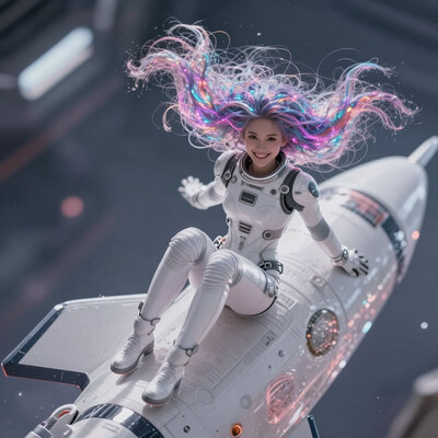 masterpiece, best quality, good quality, very aesthetic, absurdres, newest, 8K, depth of field, focused subject, 1girl, science-fiction, from front, from above, 1girl, sci-fi, sitting atop space rocket, white space rocket, smile, sexy space suit, swirl, neon hair, long hair, dynamic angle, in the style of cknc