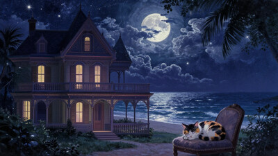 A captivating night scene illustration featuring an elegant victorian villa in front of the beach, intricate architecture and rich history. A calico Cat is sleeping on a padded chair, dimly lit, deep shadows, the beach in the background with palm trees, ocean waves, moonlit sea waters, starry night with milky way visible, The full moon graces the sky, casting an ethereal glow on the clouds and sea, while wispy clouds partially obscure its brilliance, adding to the scene's mystique. Twinkling stars dot the sky, creating a celestial tapestry that harmonizes with the moon's radiance. cinematic experience., illustration, cinematic, dreamlike atmosphere, soft lighting, ethereal, whimsical, vibrant colors, peaceful setting, [romantic impressionism, dream scenery art, beautiful oil matte painting, romantic, style of thomas kinkade, beautiful digital painting, anime landscape, romantic painting, dreamlike digital painting, colorful painting, beautiful gorgeous digital art, style of greg rutkowski, janek sedlar, ]