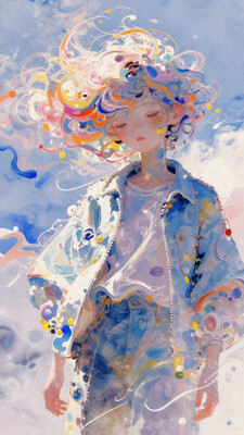 masterpiece, lazypos, best quality, good quality, very aesthetic, absurdres, insane detail, detailed face, detailed expression, newest, 8K, depth of field, focused subject, stylized, wabi sabi, relaxing, Abstract figure, (light skin tone:1.2), (androgynous features:1.3), (expression:1.2), (body type:1.1), (pose:1.2), (standing:1.1), (wearing light blue jacket:1.2), (accessories:1.1), (no visible accessories), (in the center of frame), (facing viewer), (detailed clothing:1.2), (soft, pastel colours), (fluid, abstract shapes), (face obscured by swirling colours:1.3), (vivid, abstract sky/clouds resembling paint strokes:1.3), (pastel colour palette of light blues, pinks, oranges, and yellows), (dynamic composition), (soft lighting), (style:digital art), (dreamy atmosphere), (abstract, ethereal style), (photorealistic style), (digital painting).