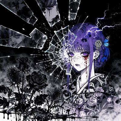 masterpiece, best quality, newest, absurdres, highres, 1girl, purple hair, purple eyes, hair ornament, , electricity, abstract, breaking, shattered, glass, broken glass, monochrome, spot color, blue and black theme, dark, sad, gothic, black rose, thistles and thorns, flora, black and thick liquid, fog, blue butterfly, underlighting, strong visual impact, film lighting, (different reflection, reflection, glass shards:1.2), An ethereal sketch using lineart techniques and wet on wet painting, shatter across face, blood from eyes, tomoe \(symbol\), , detailed, time paradox, multiple views, black background, photo \(medium\), simple background, blue hair, kimono