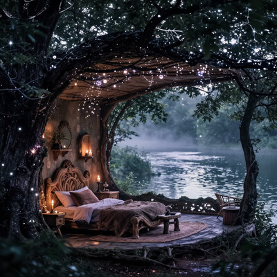 Fantasy bedroom perched in a massive tree beside a misty lake, with an open wall revealing a glowing riverbank forest. Inside, the room has hand-carved wooden furniture, floating candle lights, and a ceiling of enchanted branches with glowing orbs. Soft magical sparkles float through the air. The lake outside reflects moonlight in shimmering ripples. Surreal style, slightly elevated angle, saturated dreamlike color tones., , aidmafluxpro1.1, , detailifier