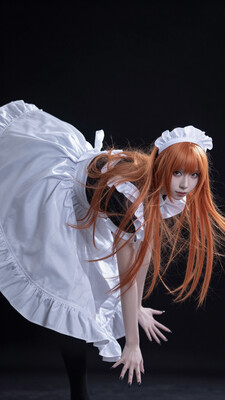 1girl, upper body, maid, contrapposto, dynamic, looking at viewer, head tilt, (leaning forward:1.2), realistic, black background, white clothes, floating clothes, floating dress, flowing hair, long hair, straight-on, orange hair, pale skin, black nails, sharp fingernails, foreshortening, expressionless, parted lips, open hand, white headwear, tilted headwear, masterpiece, best quality, amazing quality, very aesthetic, highres, by fkey, by mzet, by fiz-rot, tmaix