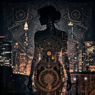 (steampunk woman:1.4), silhouette of a nude beautiful woman, amazing depth, double exposure, belighted steampunk skyline, by night, surreal, pattern, geometric patterns, intricately detailed, perfectly balanced, deep fine edges, artistic photorealism, photorealism, vivid colors, 8K, UHD, many details, extreme detailed, full of details