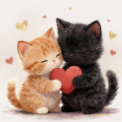 high quality, ultra detailed, colorful, dark fantasy, bo-abyss, bo-neon, ArcaneFGTNR, a digital illustration in a whimsical, romantic style, it features two small, adorable kittens in a loving embrace, the kitten on the left is a small, fluffy orange and white cat with closed eyes, holding a large, red heart in its paws, its fur is soft and fluffy, and its ears are perked up, giving it a content and relaxed expression, the cat on the right is a larger, fluffy black kitten with a soft, fluffy texture, its eyes closed in contentment as it holds the heart close to its chest, the background is a soft gradient of beige and white, with scattered golden hearts and small red hearts floating around them, creating a romantic and dreamy atmosphere, the overall color palette is warm and inviting, with soft, warm tones that enhance the cozy and intimate feel of the scene, the illustration is highly detailed, with a focus on soft textures and delicate, almost ethereal quality, making it a captivating and romantic piece of art