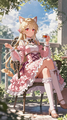 1girl, solo, lazypos, anime-style, detailed background, vibrant colors, delicate, dreamy, cinematic angle, cinematic lighting, volumetric lighting, ray tracing, dramatic shadows, dappled sunlight, close-up, clouds, blue sky, kaela20, blonde hair, red eyes, long hair, smile, SWdress, cropped jacket, long sleeves, lace trim, frills, layered skirt, puffy dress, cross-laced dress, buttons, waist ribbon, pink dress, frilled dress, white socks, frilled socks, kneehighs, ribbon footwear, mary janes, cat ears, garden, stream, sitting, balcony, chair, tea cup, holding tea cup, lora: hololive_kaela_kovalskia_redebut:0.5>