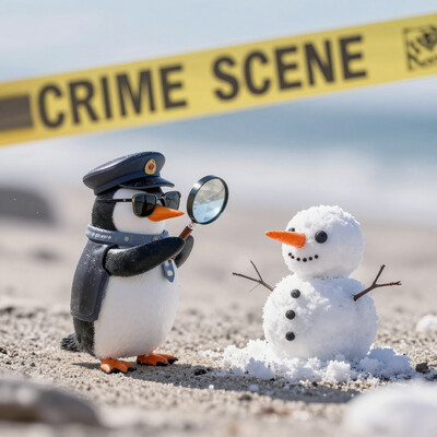 pinguin detective in sunglasses and detective clothes holding a magnifying glass is on a crime scene on a sunny beach with crime scene tape with text CRIME SCENE. in the middle of the scene there is a lot of melted snow, a carrot nose and two little snowman eyes on the ground. Fantastic lighting. Detailed shadows.intricate details, vivid colors, hyper-detailed, ultra-sharp