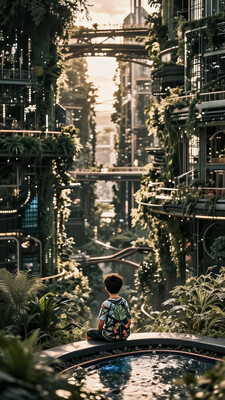 A futuristic eco-city covered in massive vertical gardens, where skyscrapers intertwine with lush greenery. A boy wearing a futuristic outfit adorned with nature-inspired patterns sits on a rooftop platform, overlooking aerial walkways and flowing water features surrounded by vegetation. The golden hues of sunset cast dynamic shadows, creating a harmonious yet mysterious atmosphere., , kcyberpunk