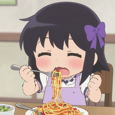 1girl, civchan, solo, eating spaghetti, Kawaii, wholesome, cute, adorable, blush, sitting, smiling, fangs, uwu, above view, awe struck, excited, happy, ecstatic, giggling, giddy, shaking fists, indoors, purple ribbon, puffy sleeves, Dynamic angle, best quality