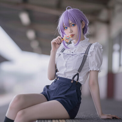 HDR, high contrast, masterpiece, best quality, amazing quality, very aesthetic, absurdres, newest, scenery, (volumetric lighting), photorealistic, photo background, detailed, 1girl, curvy, shidare hotaru, light purple hair, blue ringed eyes, dagashi \(place\), naughty face, holding snacks, frilled shirt, high-waist shorts, suspender shorts, black nail polish, looking at viewer, from below, soft lighting, bloom, bokeh, depth of field, leaning to the side, sitting, train station, dutch angle, cowboy shot, masterpiece, best quality, amazing quality, very aesthetic, absurdres, newest, scenery, (volumetric lighting)