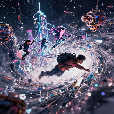 The traveler is being drawn into a crystal-mirrored vortex, body stretched through high-speed space-time, surrounded by a liquid kaleidoscope of motion. Behind him appear: jumping pixel heroes, lightning-streaked future cities, airborne castles of copper machinery, and a galactic desert under starlit skies. (dynamic perspective)., , midjourneyv7, midjourney style, , detailifier