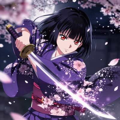 masterpiece, best quality, amazing quality, newest, absurdres, highres, newest, very awa, anime, dynamic pose, dutch angle, overhead view, 1girl, beautiful face, perfect eyes, detailed eyes, (mature female:1.4), black hair, straight hair, blunt bang, hime cut, , parted lips, red eyes, looking to the side, purple dougi, , jacket, floral print, hakama, holding katana, outstretched arms, fighting stance, slicing in half, aura, (sakura petals), full moon, dark background, indicate details, foreshortening, (depth of field:0.6), blurry foreground