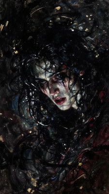 A hauntingly beautiful oil painting in the style of dark gothic fantasy horror, depicting a close-up portrait of a conventionally handsome young male. The scene is cinematically dynamic and ominous, set against a chaotic, abstract background of swirling, dark brushstrokes that evoke a sense of turmoil and despair. The characterâs piercing eyes are the focal point, slowly filling with an inky blackness as if a void is consuming them from the inside. His expression is one of silent anguish, his features illuminated by a faint, eerie glow that contrasts with the encroaching darkness. The painting is highly stylized, with intricate details and a sense of depth that draws the viewer in. The colors are rich and bold, with deep shadows and highlights that create a dramatic, almost three-dimensional effect. The overall mood is one of foreboding and dread, as if the character is on the brink of being consumed by an unseen force. The brushwork is expressive and textured, with thick, heavy strokes that add to the emotional intensity of the piece. The characterâs pose is slightly tilted, his head turned downward, as if in resignation or defeat, his dark, tousled hair framing his face like a halo of shadows. His lips are parted slightly, as if whispering a final plea or curse. The entire composition is framed by a subtle, golden glow, adding a touch of the divine to the otherwise dark and macabre scene., Illustration ArcaneFGTNR, in the style of ckpf, ., oil painting, realistic, dark gothic fantasy horror, close-up character portrait, cinematic, dynamic, ominous, chaotic abstract background, swirling dark brushstrokes, void consuming from the inside, highly stylized, intricate details, conventionally handsome young male, piercing eyes, inky blackness, silent anguish, eerie glow, contrasting light and shadow, rich bold colors, deep shadows, dramatic highlights, textured brushwork, heavy strokes, emotional intensity, tilted head, dark tousled hair, parted lips, golden glow, divine touch, macabre, foreboding, despair, turmoil, unseen force, three-dimensional effect, expressive, silent plea, resignation, defeat, halo of shadows, divine contrast, dark fantasy, gothic horror, oil painting techniques, chiaroscuro, vibrant colors, abstract expressionism, detailed, haunting, beautiful, cinematic framing, Illustration ArcaneFGTNR, in the style of ckpf, ., Illustration ArcaneFGTNR, in the style of ckpf