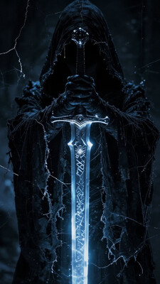 close up, a mysterious, hooded figure holding a large glowing sword. The style is dark and atmospheric, with a focus on shadows and light. The figure is cloaked in a tattered, dark robe that obscures its face, creating an enigmatic and ominous presence. The sword is the focal point, emitting a bright, ethereal blue light that contrasts sharply with the dark background. The background is a textured wall with cracks, adding to the mysterious and ancient feel of the scene. The overall composition is balanced, with the figure positioned slightly off-center, enhancing the dramatic effect of the glowing sword.