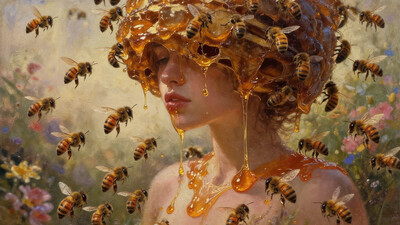 Stunning beautiful, masterpiece, raw quality, best quality, extremely detailed.Create a semi-realistic painting of a person with a beehive instead of a head, embodying an intriguing blend of nature and humanity. Surround them with a flurry of buzzing bees, creating a dynamic and lively atmosphere. Lot of honey drips from the openings of the hive, to the lips, glistening in the light and pooling around their shoulders, honey flows down onto the chest, enveloping the body. The background features a dreamy landscape filled with vibrant flowers, enhancing the surreal quality of the scene. Capture the person's body language, suggesting a calm yet whimsical demeanor, as if they are at one with the swarm of bees. The lighting should be warm and inviting, casting soft shadows that highlight the textures of the beehive and the sweetness of the honey. This composition aims to evoke a challenging the viewer's perception of identity and nature. detailmaximizer art1fact fluxenhancer
