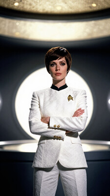 hcarolin, a woman in a white suit standing in a room with lights on the ceiling and a circular light behind her, Star Trek setting, retrofuturism, freckles, crossed arms, masterpiece, best quality