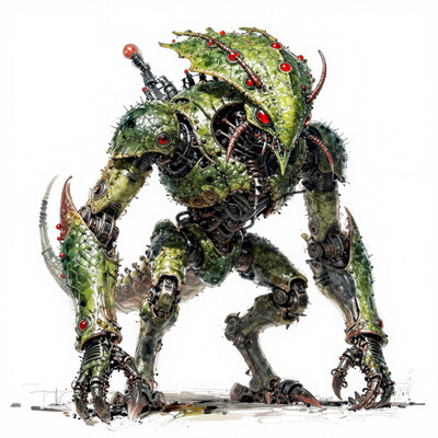 best quality, masterpiece, absurdres, newest, , (creature, bio mecha, this digital painting depicts a monster that has been mechanically modified:1.3), , This is a digital drawing of a fantastical, insectoid robot with a unique, organic appearance. The robot stands upright on two legs and is predominantly green, with a texture that resembles a rough, scaly surface. Its body is segmented, with each segment detailed with darker green, almost black, lines that suggest joints and armor plating. The head is particularly striking, resembling a leaf or a crown with multiple pointed extensions, each tipped with small, bright red orbs, giving it an almost alien, plant-like appearance. The limbs are long and spindly, ending in sharp, claw-like appendages with a reddish-brown hue, suggesting a combination of metal and organic material. The overall design is intricate, with a mix of smooth, rounded edges and sharp, angular details, creating a visually dynamic and somewhat menacing presence. The background is plain white, emphasizing the robot's complex design. The style of the drawing is reminiscent of concept art, with a focus on imaginative and detailed character design. The artist has used shading and highlights to give the robot a three-dimensional appearance, making it stand out vividly against the stark white background.