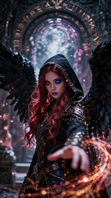 masterpiece, best quality, amazing quality, klskx, (nsfw, explicit:0.7), side view, 3/4 turned face, looking at viewer, 1girl, solo, red hair, long hair, detailed eyes, multicolored eyes, heterochromia, black sclera, red eyes, blue eyes, close-up, eyebrows, eyelashes, hooded cloak, decorated clothes, black feathered wings, big wings, standing before portal, (glowing portal:1.2), hand reaching out, swirling magic energy, ancient stone archway, runic symbols, dark ruins, intricate details, (blurry background, depth of field, bokeh:0.9)