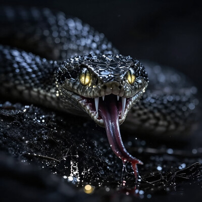 no humans, snake, general, glowing eyes, looking at viewer, saliva, forked tongue, monster, dark night, shiny, reflection, sharp teeth, fangs, dark, masterpiece, best quality, very awa, newest