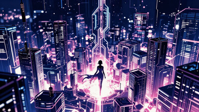 fantasy cyberpunk city beautiful landscape, bright luminous night, woman, very intricate, very detailed, sharp, bright, colorful, ck-rw, in the style of ck-rw, A digital artwork in the style of cknc