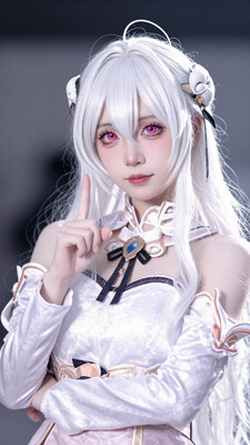 masterpiece, best quality, amazing quality, 1girl, solo, lysithea von ordelia, pink eyes, white hair, long hair, upper body, long sleeves, closed mouth, looking at viewer, bangs, hair ornament, dress, official alternate costume, index finger raised