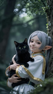 Frieren, smiling, holding black cat, enchanted forest, no hand in frame, masterpiece, best quality, good quality, very aesthetic, absurdres, newest, 8K, depth of field, focused subject, close up, stylized, wabi sabi, 1girl, looking at viewer, dynamic angle, from below, from side, relaxing, in the style of cksc, in the style of cknc, artist:moriimee, in the style of ck-rw