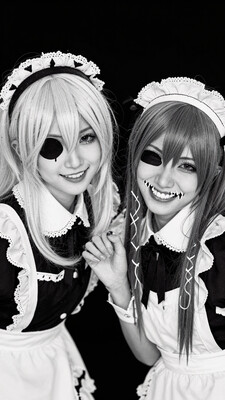 by 96yottea, black background, simple background, monochrome, black eyes, realistic, dutch angle, (gyaru:1.2), (ellen joe, gawr gura, :1.1) 2girls, standing, selfie, looking at viewer, foreshortening, leaning forward, smile, grin, sharp teeth, shark tail, v over eye, one eye closed, half-closed eyes, narrowed eyes, hololive, zenless zone zero, tiara, maid, white hair, grey hair, black hair, masterpiece, best quality, amazing quality, tmaix, nhl-001, nhl-002, nhl-003
