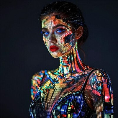 Futurism Art Style, This is a high-resolution photograph of a woman with a striking, futuristic appearance. Her face and body are covered in a glowing, pixelated pattern of vibrant colors, including red, orange, yellow, green, blue, and white, which creates a mesmerizing, almost holographic effect. The colors are arranged in a complex, abstract design, with some areas of the pattern appearing more densely packed than others. Her skin is smooth and flawless, accentuated by the contrast of the glowing pixels. The woman has a slender build and is wearing a form-fitting, black bodysuit that mirrors the pixelated pattern, seamlessly blending with the light show. Her dark hair is pulled back into a sleek, low bun, and her eyes are strikingly blue, complemented by thick, dark eyelashes. She has full, red lips that stand out against the colorful background. The background is a dark, neutral color, which allows the glowing pixels to be the focal point. The lighting is soft but intense, casting shadows that enhance the depth and dimension of the image. The overall style of the photograph is modern and avant-garde, blending elements of technology and fashion into a visually stunning and thought-provoking composition., ((intricate details)), hdr, ((intricate details, hyperdetailed)), dynamic, dramatic, Futurism Art Style