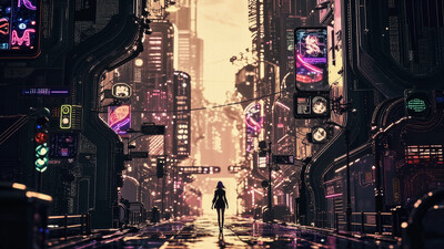 city, street, beautiful misterious futuristic sci-fi cyberpunk landscape, golden hour, woman, very intricate, very detailed, sharp, colorful, A digital artwork in the style of cknc