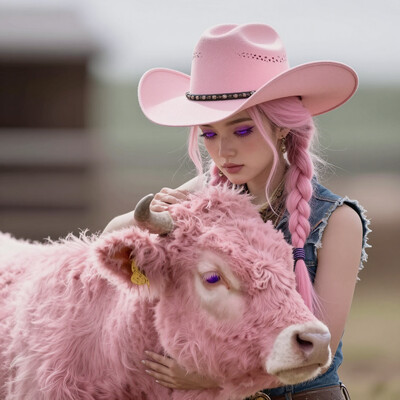 Civchan, digital art, cowgirl with braided hair and wearing a cowboy hat, petting an adorable fluffy pink cow, farm background, purple eyes, pink hair, , soft lighting, , high-resolution, detailed texture, , serene atmosphere, cinematic lighting.