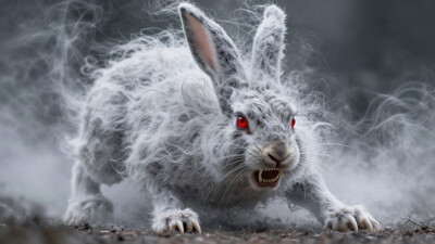 A colossal, battle-hardened rabbit looms in the scene, its entire body seemingly made of swirling, ghostly white mist, giving it an ethereal yet fearsome appearance. The creature's muscular form is covered in fine, textured fur that merges seamlessly with the fog, while its facial expression is one of pure ferocity, with sharp, bared teeth and intense, glowing red eyes that pierce through the mist. Its large, pointed ears stand tall, twitching with aggression. The fur on its face is intricately detailed, showing every strand and giving a sharp contrast to the soft, mist-like body. Its nose twitches menacingly, and long, claw-like paws are poised for attack. The rabbitâs menacing posture, towering over the scene, occupies 75% to 80% of the frame. The background is a misty, dark landscape, but the focus remains sharply on the fine details of the rabbitâs face and form, emphasizing the high-contrast lighting that highlights its aggressive stance. Every feature is rendered with hyper-realistic detail: the texture of the fur, the shine on the claws, and the mist that flows and intertwines with its movements. The overall atmosphere is one of tension, danger, and surreal realism, creating a blend of fantasy and nature. Ghostlystyle
