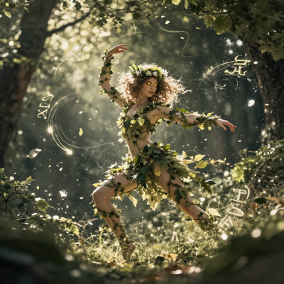 masterpiece, best quality, high quality, newest, highres, 8K, HDR, absurdres, 1girl, solo, curly hair, golden eyes, nature spirit, vine-wrapped arms, floating leaves, floral crown, sunbeam lighting, enchanted forest, dappled shadows, soft focus, warm greens and yellows, life energy, serene ambiance, fairy-tale aesthetic, detailed background, dynamic pose, foreshortening, fantasy illustration, glowing runes, limited palette, elegant battle stance, cinematic shot., detailed background, dynamic pose, dynamic composition, dutch angle, detailed backgroud, foreshortening, blurry edges, D4rkL1nes