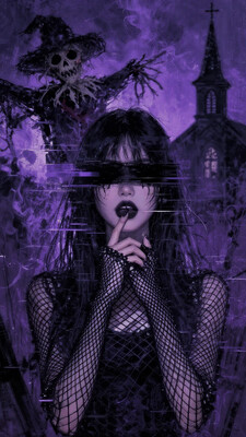 Glitching and surreal, abstract portrait of an young goth woman long black hair. Her eyes are covered with a black, glitched, blurred censor bar. She posing with finger at mouth, black fishnet shirt. A terrifying, glitched scarecrow, with floating purple haze across a fields and old black church in LA backdrop. The brushstrokes are masterfully blended and sophisticated, creating a sense of depth and intrigue. The palette is chosen in the style of horror cinema, sends a sense of suspense and fear. The overall image exudes a palpable mystique and sophistication, a captivating masterpiece of a digital illustration.
