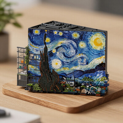 (indoors, indoor, isometric view, side view, tilt-shift lens:2), (fna_style, miniature, miniature, diorama, miniature, diorama, PVC, plastic:2), starry night (autumn:1.5), (forest:0.2), (colorful, Rust_Decay:2) (moss, ivy, (office building, apartment with glass:2)), sea, cliff in (wooden square plate:2), on (table:2) at (attic:2.5)