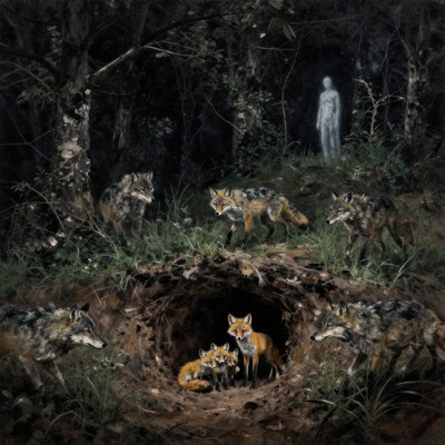 The image portrays a nighttime forest scene with a dark, moody atmosphere. The central focus is a burrow embedded into a sloping hill, its entrance shrouded in blackness, where small fox cubs are huddled together, their golden silhouettes barely visible in the darkness. At the mouth of the burrow, a mother fox stands defiantly, her body tense and poised to defend her young. (Surrounding her, several wolf-like figures lurk on the grassy terrain. Their aggressive postures suggest movement, their limbs rigid and poised as if preparing to attack. Though simple in form, the wolves' presence conveys a clear menace, their positioning closing in around the mother fox. The background consists of tall, spindly trees with jagged, dark trunks, their branches reaching upward, framing the scene ominously. Dense bushes and undergrowth further enhance the secluded, deep-forest setting. At the top of the hill, a lone, ghostly figure stands motionless, its pale form contrasting against the dark backdrop, adding an eerie, watchful presence. The color palette is dominated by deep greens, browns, and blacks, reinforcing the night-time setting and heightening the tension of the confrontation. OByouhua, oil painting