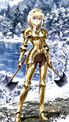 Anime art, Full-length, gorgeous fantasy blonde, naturally straight short platinum hair, tiara, tight golden armor, standing on a hill. Full, high breasts, tight waist, round thighs, blue eyes, no blush. Backdrop of fantasy highlands in winter, bright and cold winter colors, icy lakes and wooded areas, mixture of evergreen and deciduous, pixie hairstyle, diffused lighting, determined facial expression, intricate armor details. holding Two- handed Axe