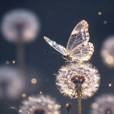 dreamy, magical photograph with a bokeh effect. Picture a transparent butterfly with glowing outlines and spots on its wings, perched on dandelion-like flowers that are also illuminated with a soft glow. The butterfly's wings are delicately veined and seem to be made of glass or crystal. The flowers have fluffy, white seed heads and thin stems. The background is a blurred dark blue night sky, filled with soft, out-of-focus golden lights, creating a bokeh effect. The lighting is soft, warm, and magical, making the butterfly and flowers appear to be gently glowing in the dark