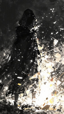 lighting dynamic contrasting, a mysterious most likely female figure in a dark hooded cloak standing to the left of the image. The figure is illuminated by a bright glowing light source on the right creating a strong contrast between the dark figure and the bright light. The light source is surrounded by fragmented paper-like shapes in shades of yellow and orange adding a dynamic almost explosive effect to the scene. The background is a gradient of dark to light gray adding depth and focus to the central light and figure. The hood of the cloak casts a shadow over the figure's face making it difficult to discern any facial features. The cloak is textured with rough jagged edges and the figure wears tall dark boots. The overall mood is mysterious and intense with a strong sense of movement and energy. The perspective is slightly low looking up at the figure which adds to the sense of mystery and power. The lighting is dramatic with strong highlights and deep shadows emphasizing the contrast between light and dark. The style is painterly with visible brushstrokes and a focus on light and shadow to create depth and emotion, highly detailed