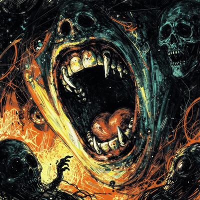 an adroit d3press1on illustration, in the playful scribble drawing style. triadic complementary colors, dark and moody surreal nightmare of an eerie laugh, a mouth distorted, wide grin, and full of sharp nails, in the realm of the damned dreaded souls, teal and orange color grading, yellow abstract geometric gradients stain the orangish background