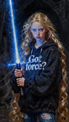 An ultra-detailed, portrait oil painting of a young Jedi Rapunzel, emanating calm and wisdom, holding a blue lightsaber, its blue blade illuminating her face. Her expression is determined and focused. She is inside an ancient Jedi temple shrouded in darkness, where the only light comes from her glowing blue lightsaber. The Jedi Rapunzel is skinny barely in her teens. Her long, iconic blond hair cascades in wild, untamed waves. She is wearing an oversized, dark colored hoodie with bold typography that reads Got force? in white letters and ripped blue jeans. Oil painting. Focus on the girl, shadow and light, Masterpiece, intricate lines, intriguing atmosphere, sharp magnificent details, delicate features, elaborate details, (2\3 rule composition:0.5), ultra detailed, romantic, Rembrandt lighting, brush stroke, lovely, novuschroma, in the style of Rembrandt. vantablack